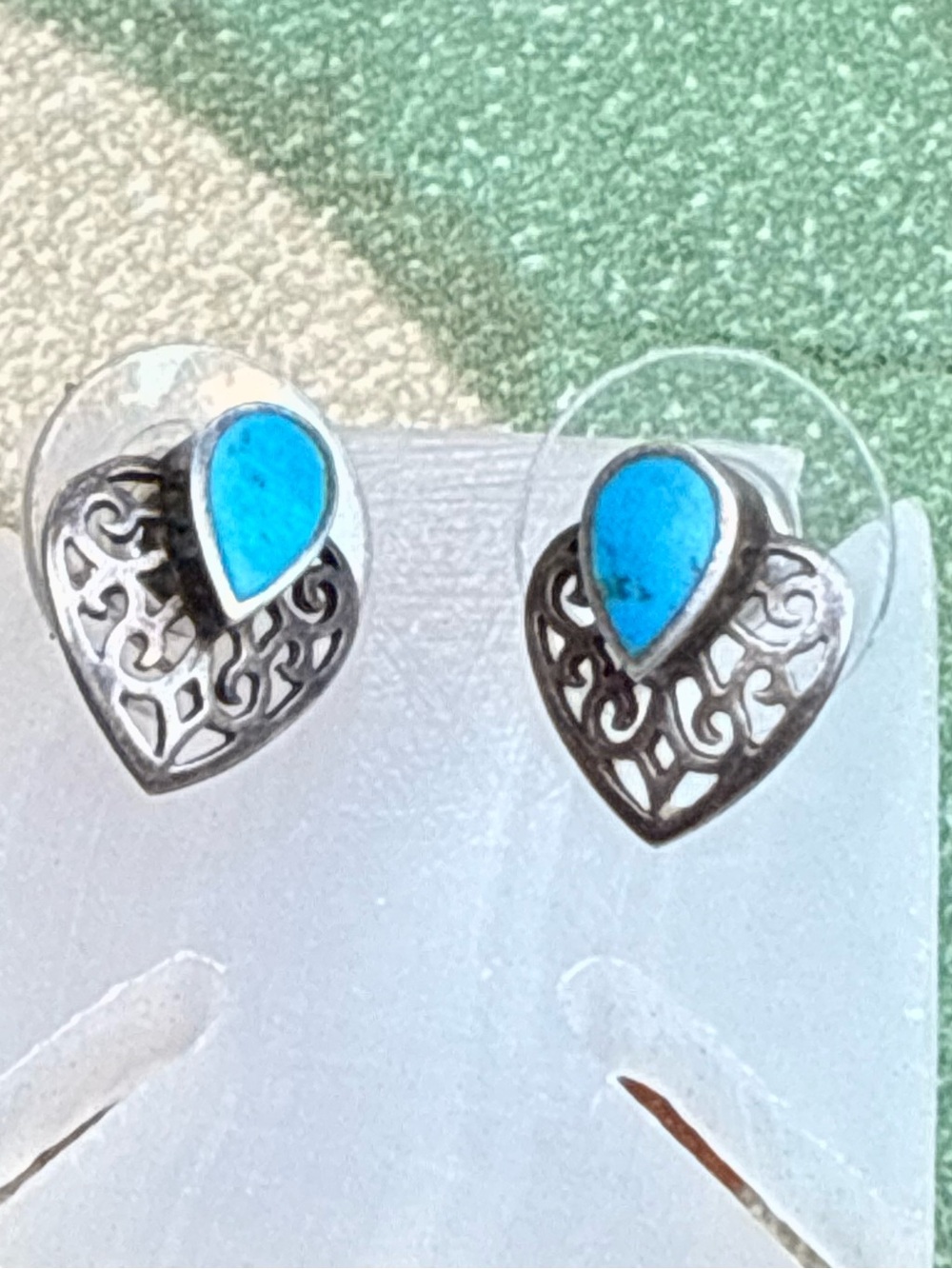 Vintage silver Heart Filigree Earrings with Turquoise Teardrops - Blue